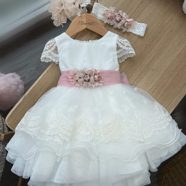 Abito battesimo bimba con merletto e fascia rosa antico con fiori | 748 | MML