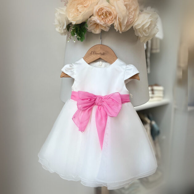 Abito bimba bianco con cintura rosa | 05277 | PR