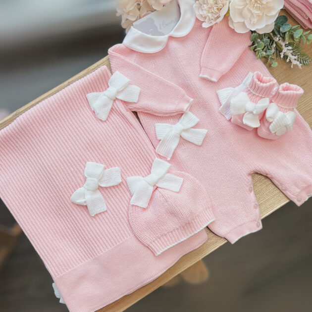 Coordinato nascita neonata 4Pz rosa con fiocchi bianchi con tutina | Filo di cotone | LCN3021