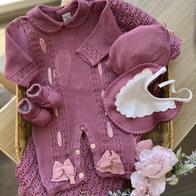 Coordinato neonata tutina porpora 5pz con fiocchi | Estivo | 3010C | PL