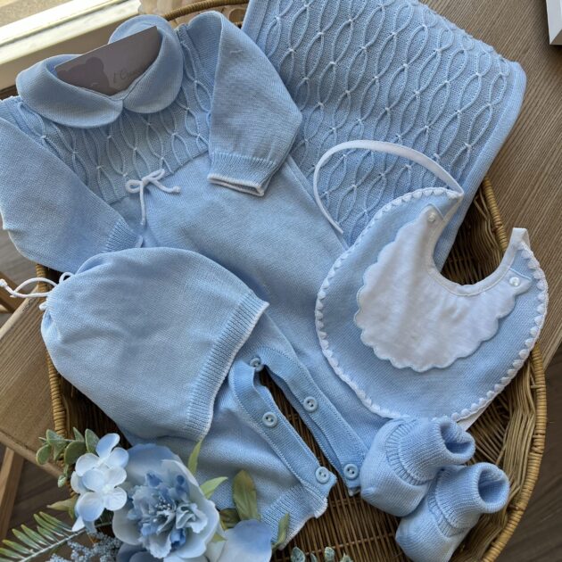 Coordinato neonato tutina celeste 5pz con nido d'ape e fiocchetto | Estivo | 3080S | PL
