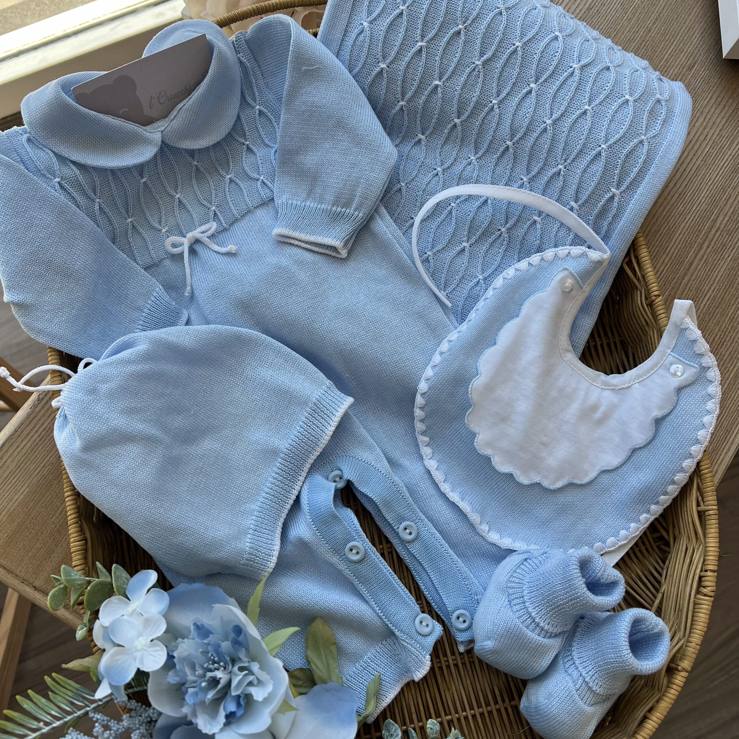 Coordinato neonato tutina celeste 5pz con nido d'ape e fiocchetto | Estivo | 3080S | PL