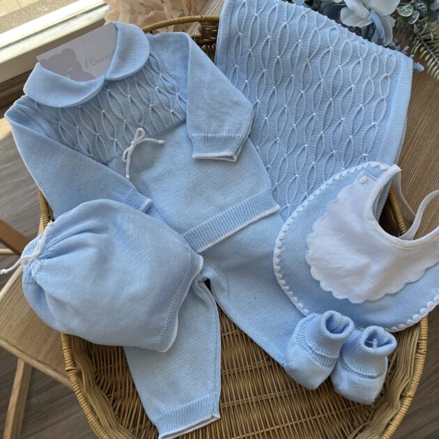 Coordinato neonato completo 2 pz celeste 5pz con nido d'ape e fiocchetto | Estivo | 3080S | PL