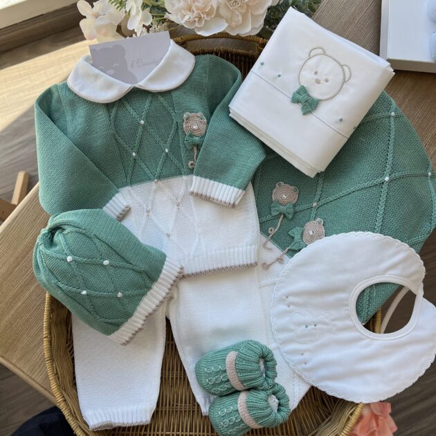 Coordinato nascita neonato verde con completo 2pz orsetto | 6Pz | Filo di cotone | 4612.1S | PD