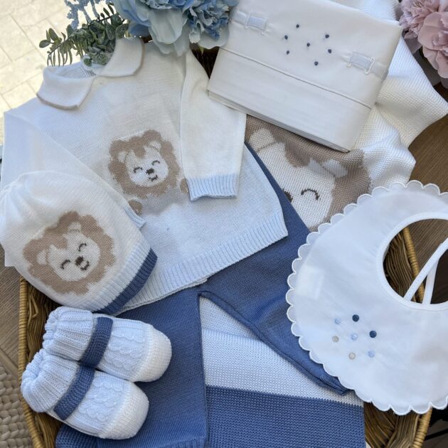 Coordinato nascita neonato celeste con leoncino, completo 2pz | 6pz | Filo di cotone | 3603.1S | PD