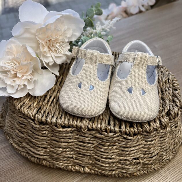 Scarpa bimbo occhietti in lino beige | A3402 | PNN