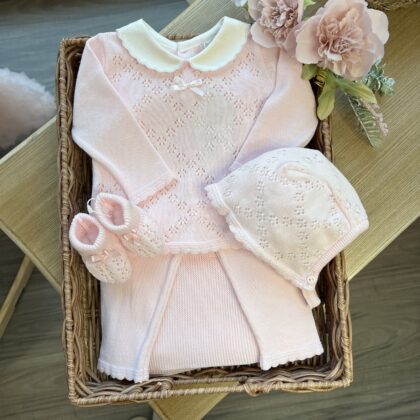 Coordinato nascita bimba in rosa con completo, cuff, babbucce e coperta | Filo di cotone | DK256 | DK