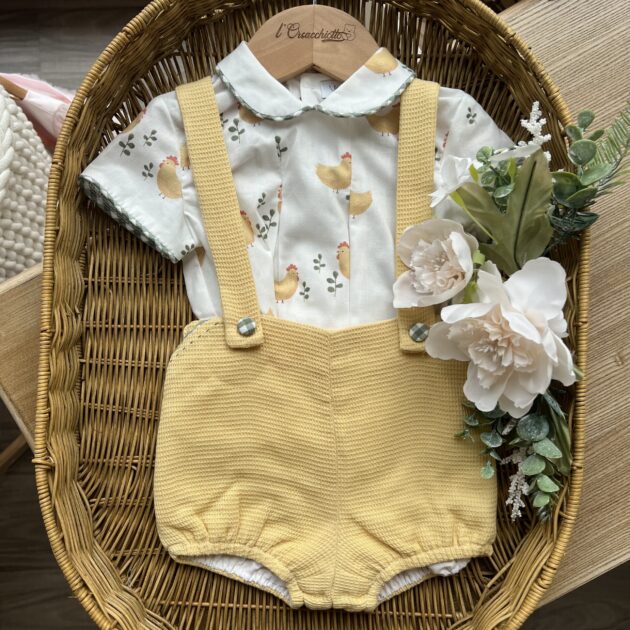 Completo bimbo giallo con bretelle e galline | 0011 | YD