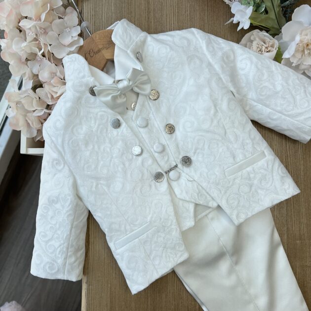 Completo Battesimo bimbo con giacca in damascato bianco | 26B77| IM