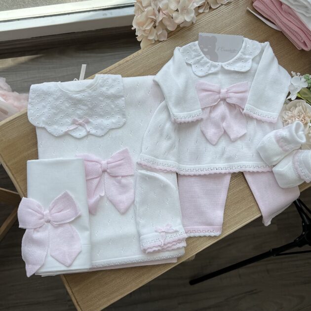 Coordinato nascita neonata bianco con fiocco rosa 6 pz  con coprifasce | B09141 | BM