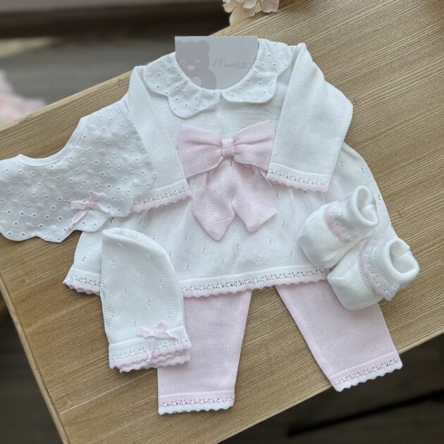 Set nascita neonata 4 pz bianco con fiocco rosa con coprifasce | B09141 | BM