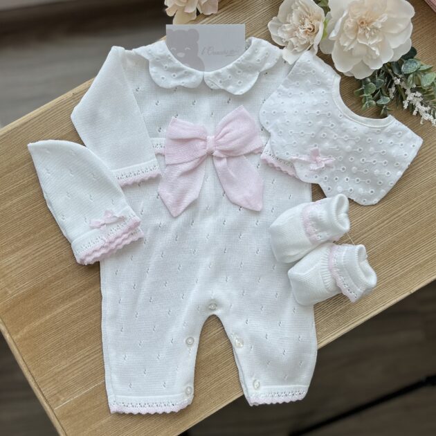 Set nascita neonata 4 pz bianco con fiocco rosa con tutina | B09140 | BM