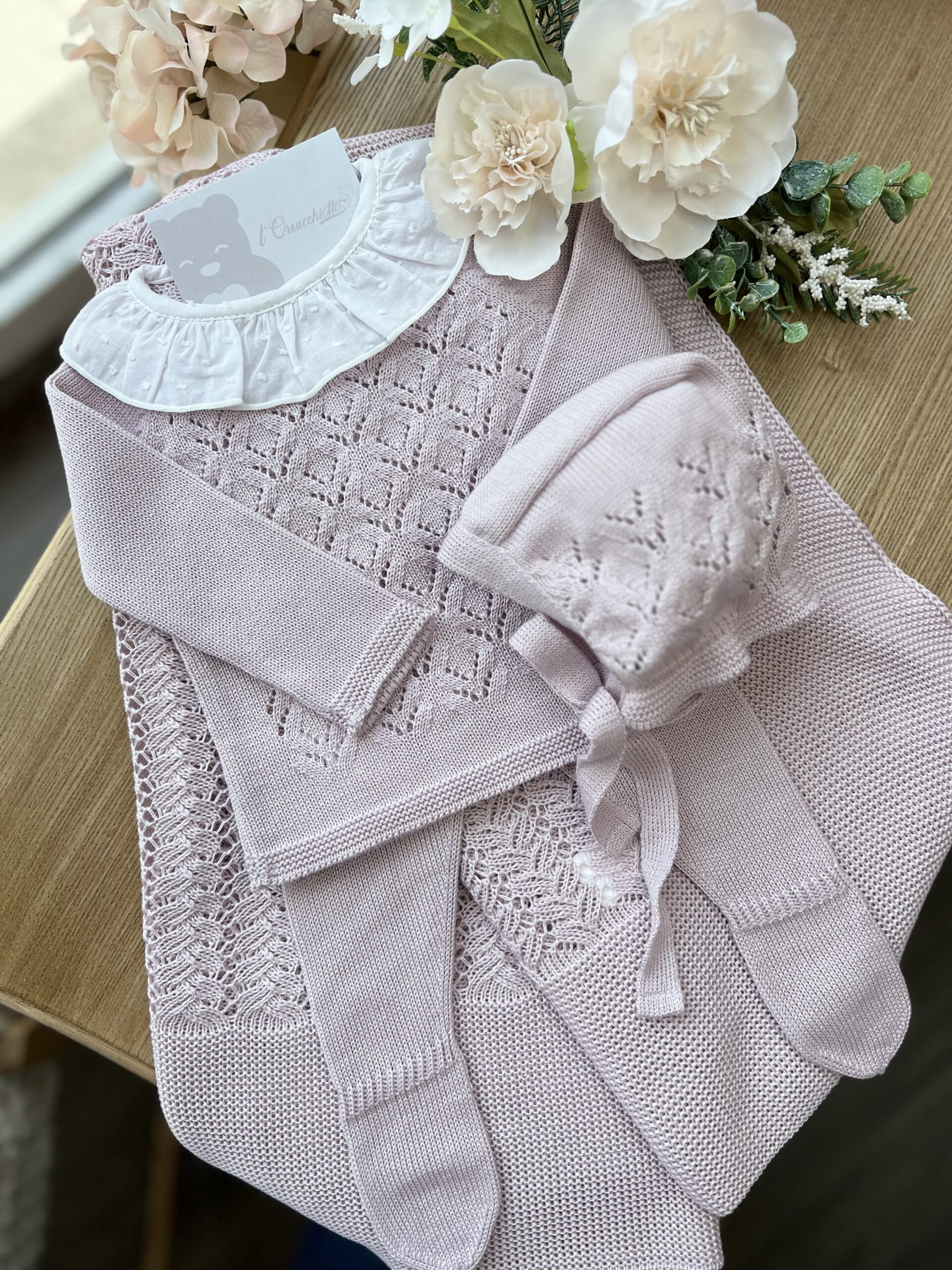 Coordinato nascita neonata malva con coprifasce, cuffietta e coperta | Estivo | 0009G | MI