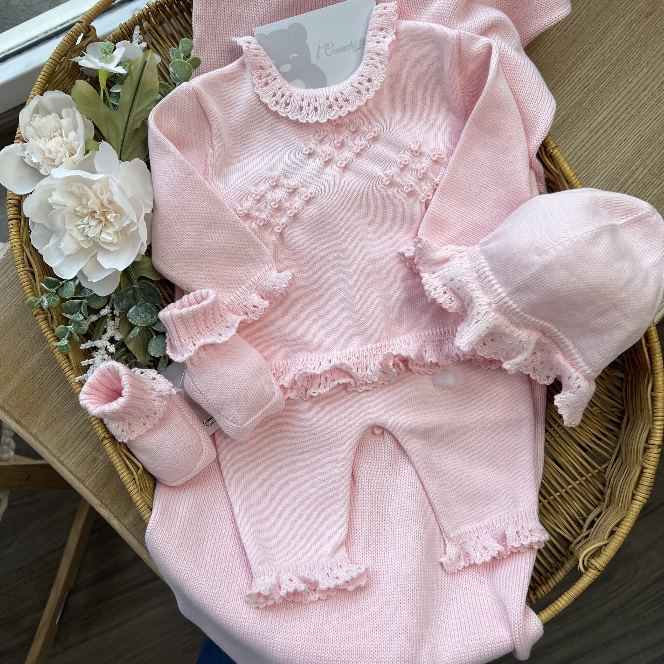 Coordinato nascita neonata 4Pz rosa con punto smock e fiori con coprifasce | Filo di cotone | LCN2978 - immagine 3