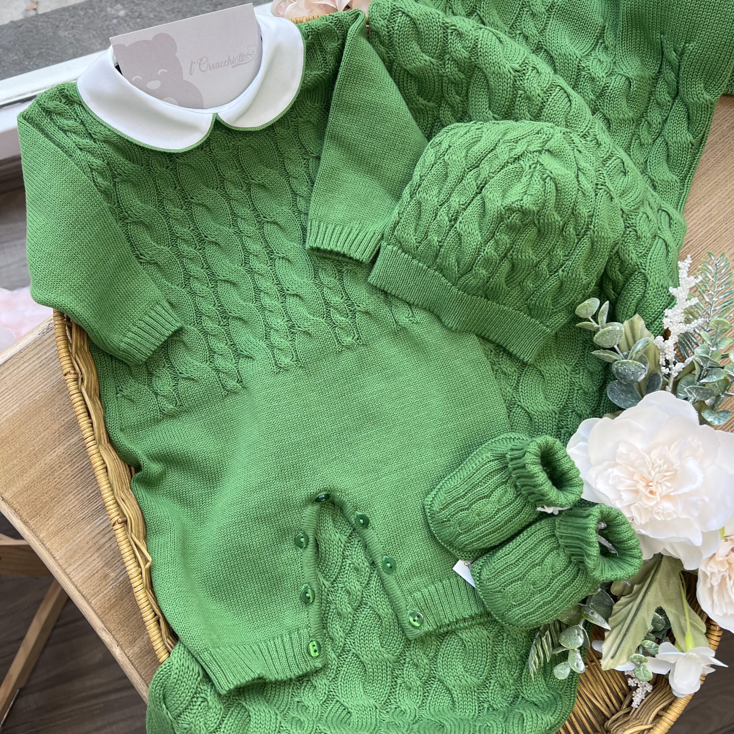 Coordinato nascita neonato verde 4 Pz trecce con tutina | Filo di cotone | LCN2965 - immagine 2