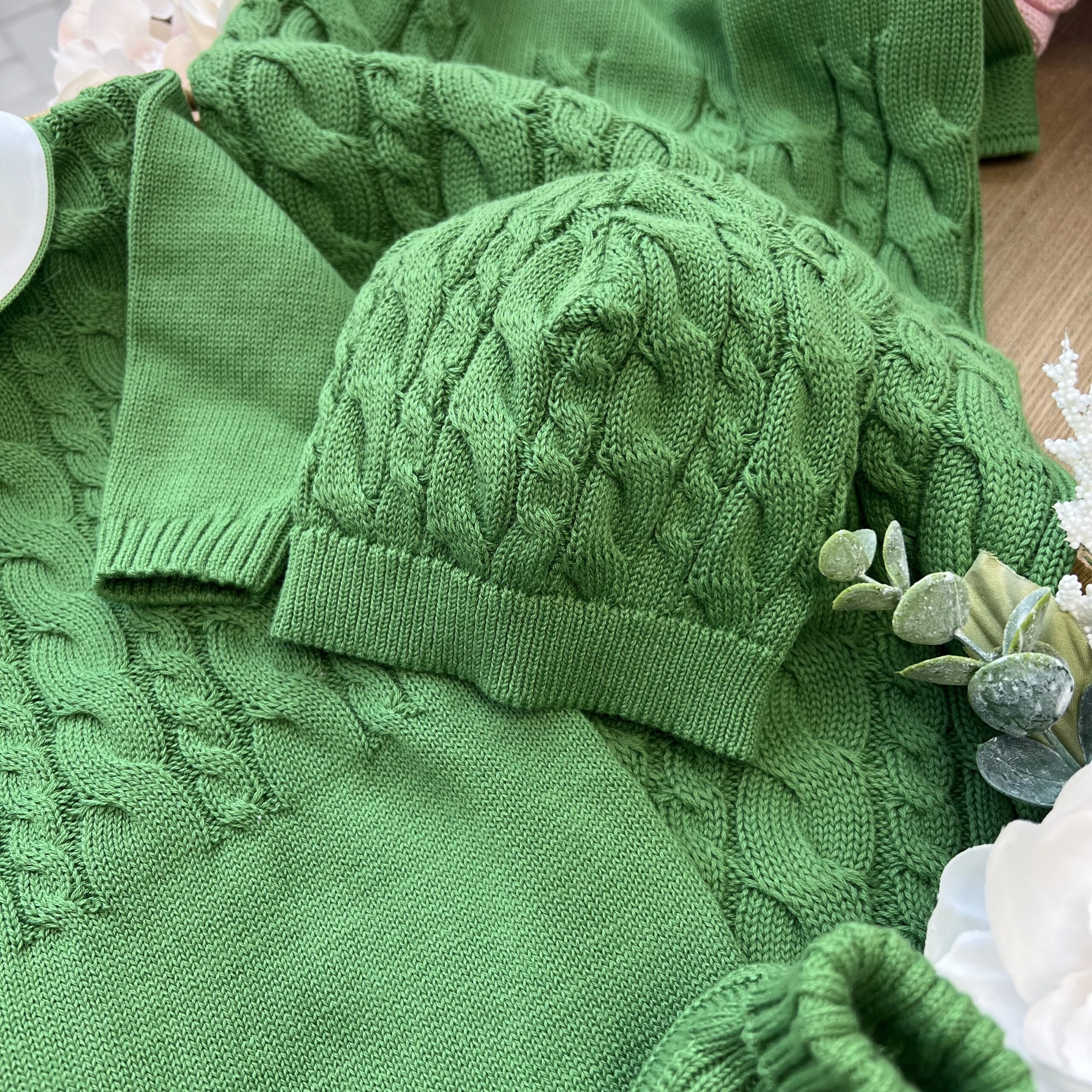 Coordinato nascita neonato verde 4 Pz trecce con tutina | Filo di cotone | LCN2965 - immagine 3