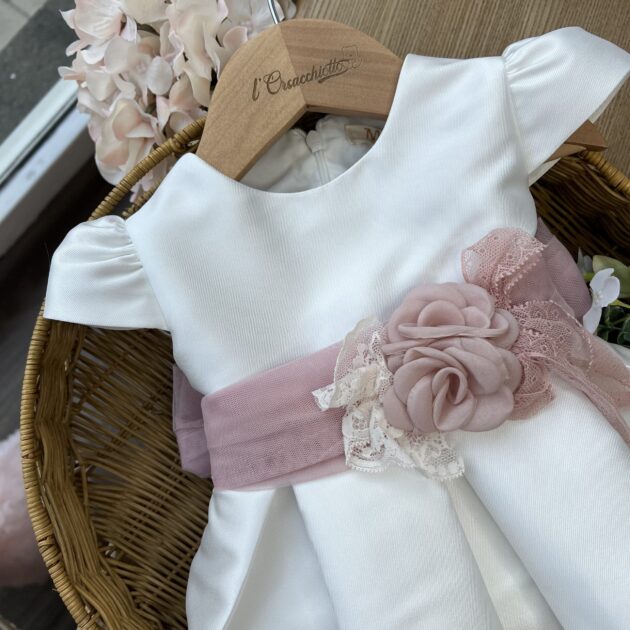 Abito battesimo bimba con fascia rosa antico e fiori | 735 | MML