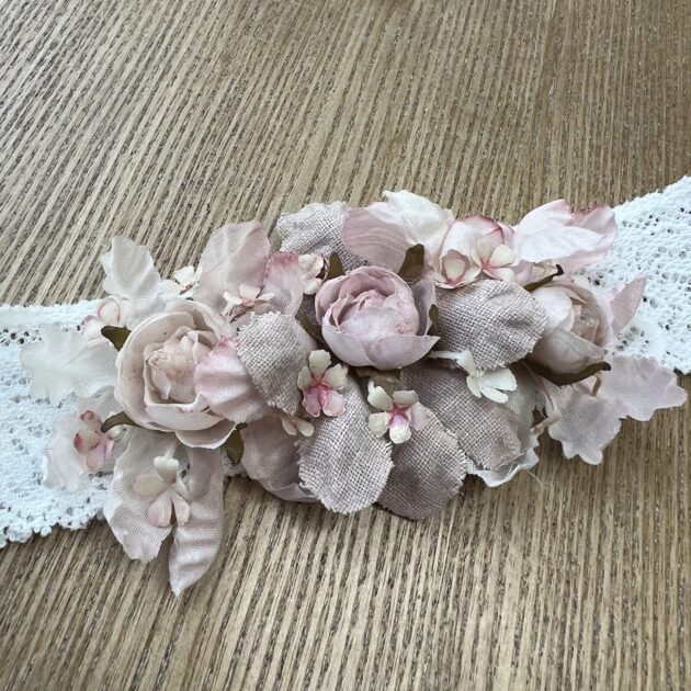 Fascia capelli con merletto e fiori rosa antico | 748 | MML