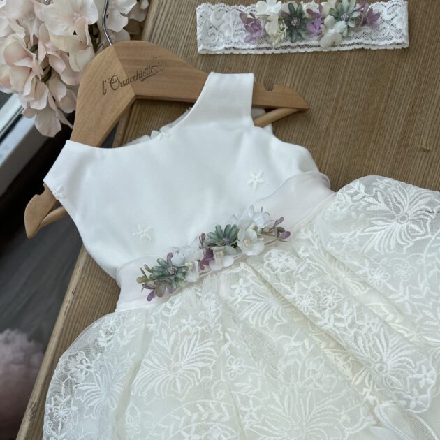 Abito battesimo bimba con ricamo, cintura cipria e fiori | 733 | MML