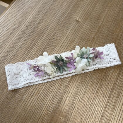 Fascia capelli con merletto e fiori viola e verdi | 733 | MML