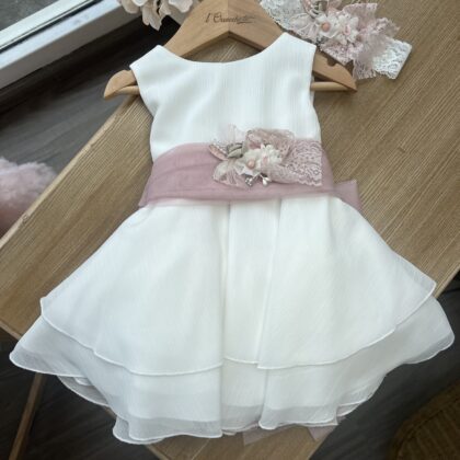 Abito Battesimo bimba bianco con cintura rosa e fiori | 721 | MML