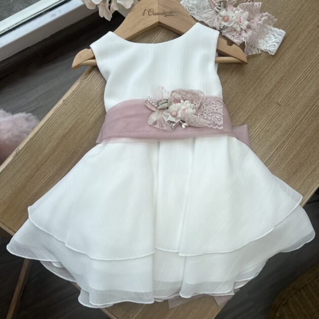 Abito Battesimo bimba bianco con cintura rosa e fiori | 721 | MML
