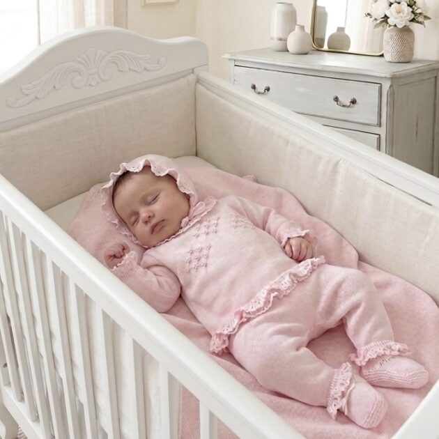 Coordinato nascita neonata 4Pz rosa con punto smock e fiori con coprifasce | Filo di cotone | LCN2978