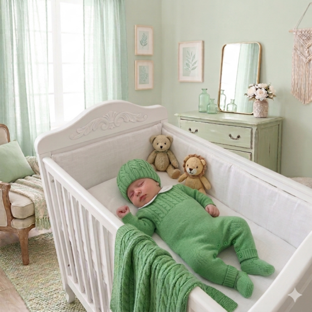 Coordinato nascita neonato verde 4 Pz trecce con tutina | Filo di cotone | LCN2965