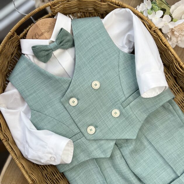 Completo elegante bimbo in verde con pant.corto, bretelle, gilet e papillon | 207 | BND
