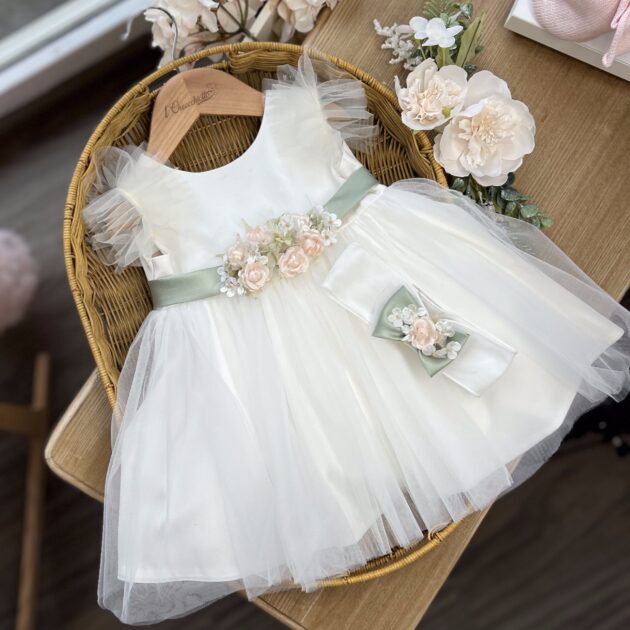 Abito Battesimo bimba con cintura verde con fiori e fascia per capelli | FB096 | FL