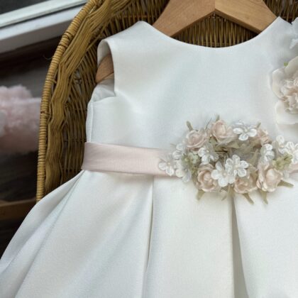 Abito bimba Battesimo con cintura rosa e fiori con fascia capelli | FB098 | FL