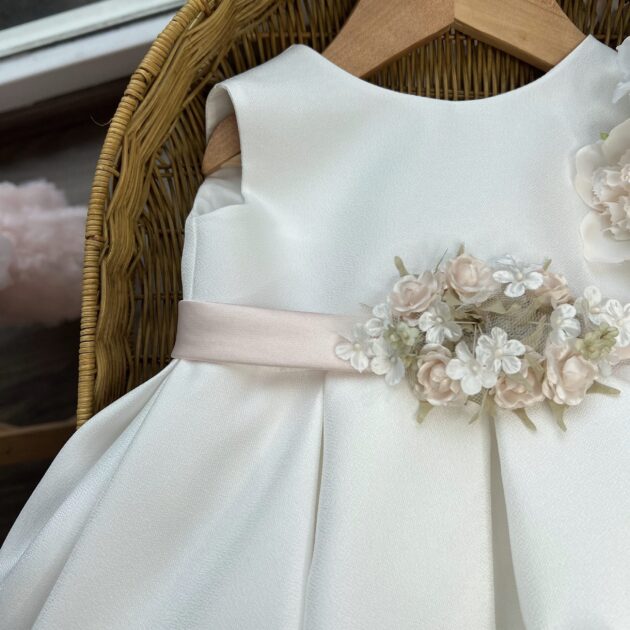 Abito bimba Battesimo con cintura rosa e fiori con fascia capelli | FB098 | FL
