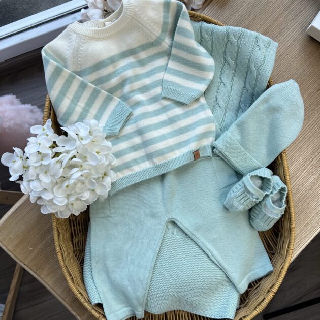 Coordinato nascita neonato verde con righe 4 Pz | Filo di cotone | DK214 | DK