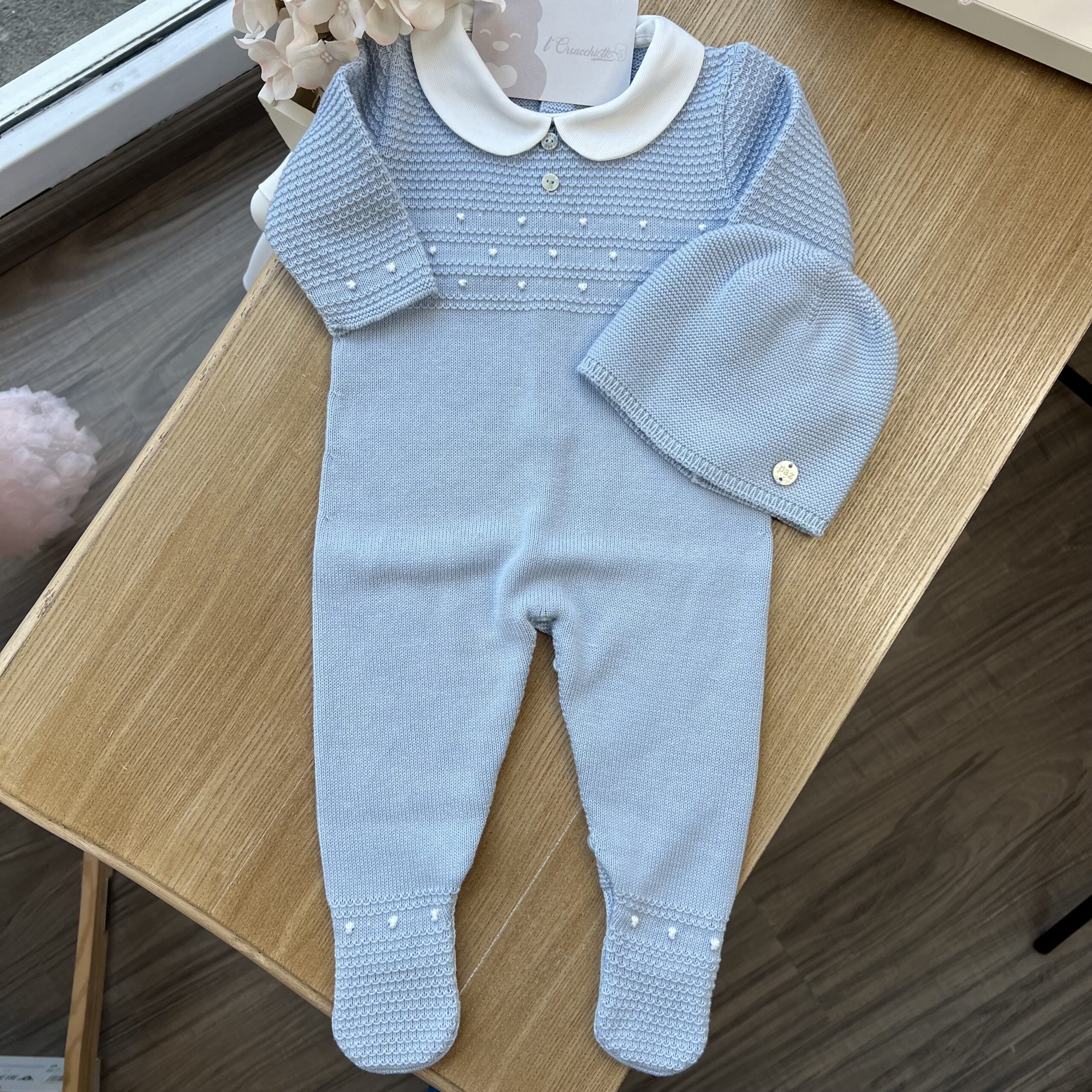 Coordinato nascita neonato celeste con tutina, cappellino e coperta | Filo di cotone | 005-123503 | PZ