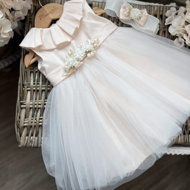 Abito Battesimo bimba rosa con tulle e volant | 095 | FL