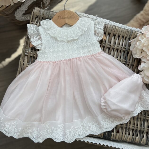 Abito Battesimo in lino rosa e punto smock con ricamo | 5711