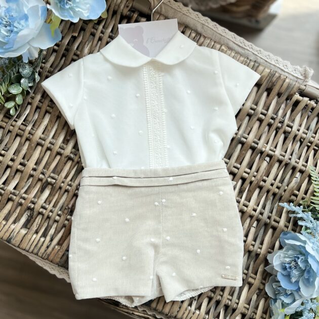 Completo Battesimo bimbo in lino e organza ricamata | 5722 | NS