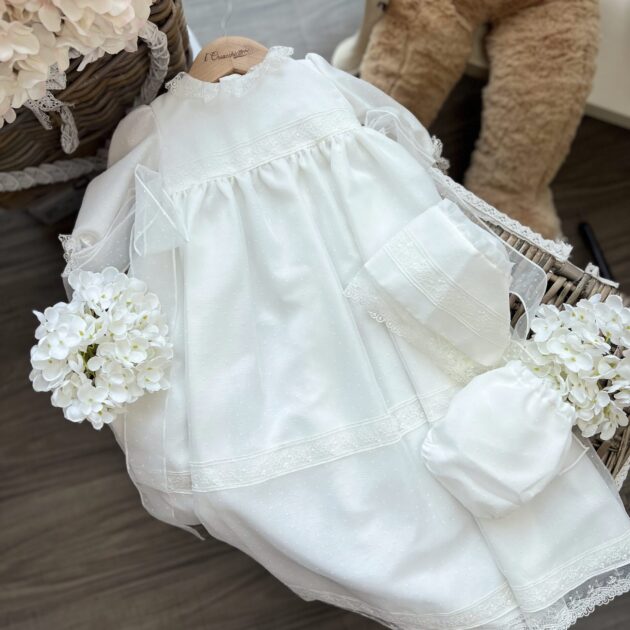 Abito Battesimo Lungo in organza ricamata con merletto fiori | 5710 | NS