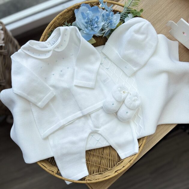 Coordinato nascita neonato bianco celeste | Filo di cotone | 245082R4B | PPC