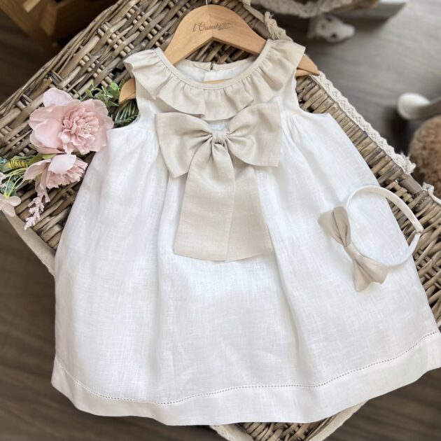 Abito bimba lino bianco con fiocco e punto a giorno | 1227 | LS