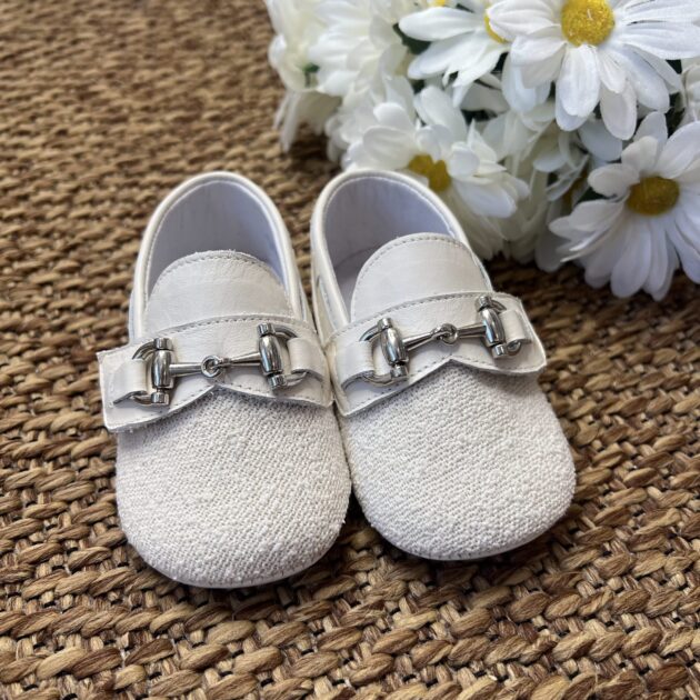 Scarpa mocassino bimbo panna con lino | A3805 | PN