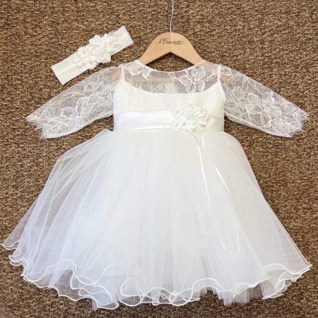 Abito Battesimo bianco in tulle con m/l Fatima con fascia | LPE