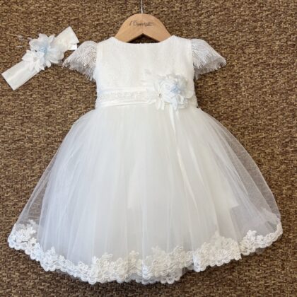Abito battesimo bimba Kimberly fiore celeste con fascia  | LPE
