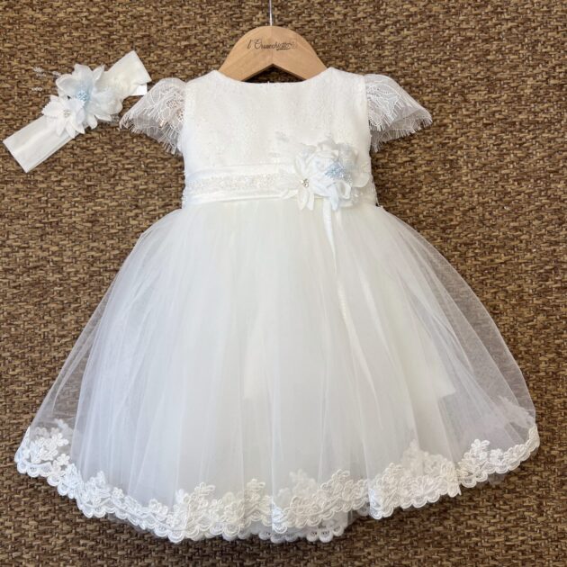Abito battesimo bimba Kimberly fiore celeste con fascia  | LPE