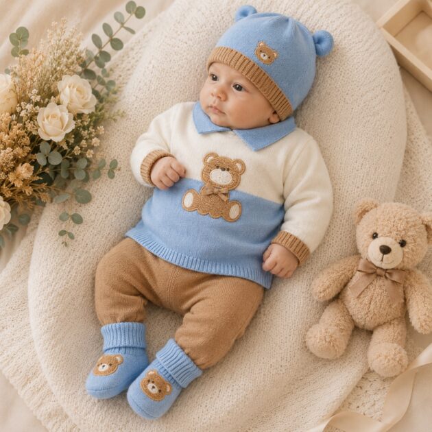 Completo Neonato Orsetto Azzurro e Beige con Cappellino e Babbucce – 80% Caldo Cotone, 20% Lana | 3H674 | MB