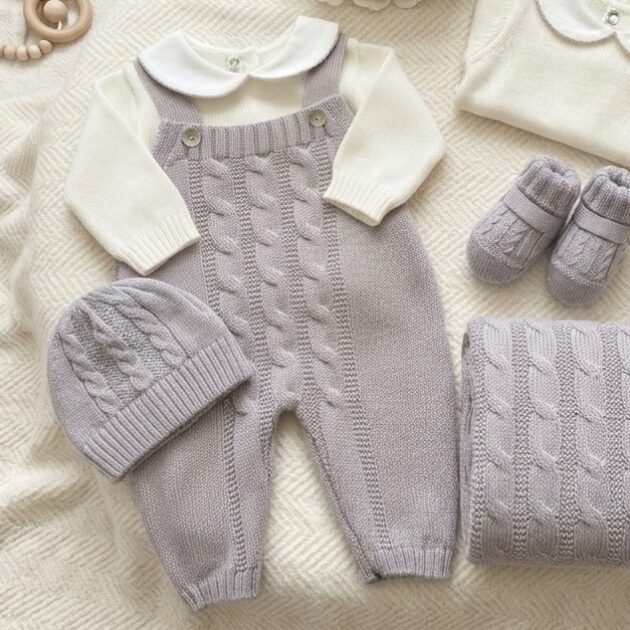 Set nascita neonato con salopette in lana tortora e panna 3pz 322.1 | AI | BL