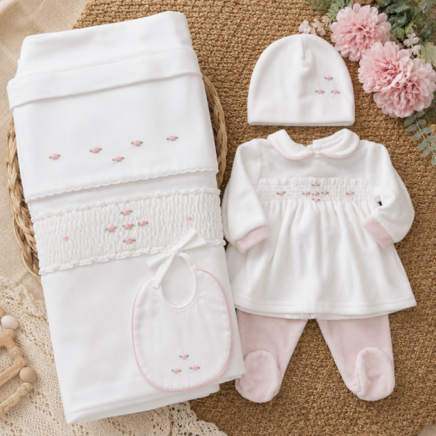 Completo nascita neonata ciniglia panna con roselline rosa 5Pz | AI | 9310 | TT
