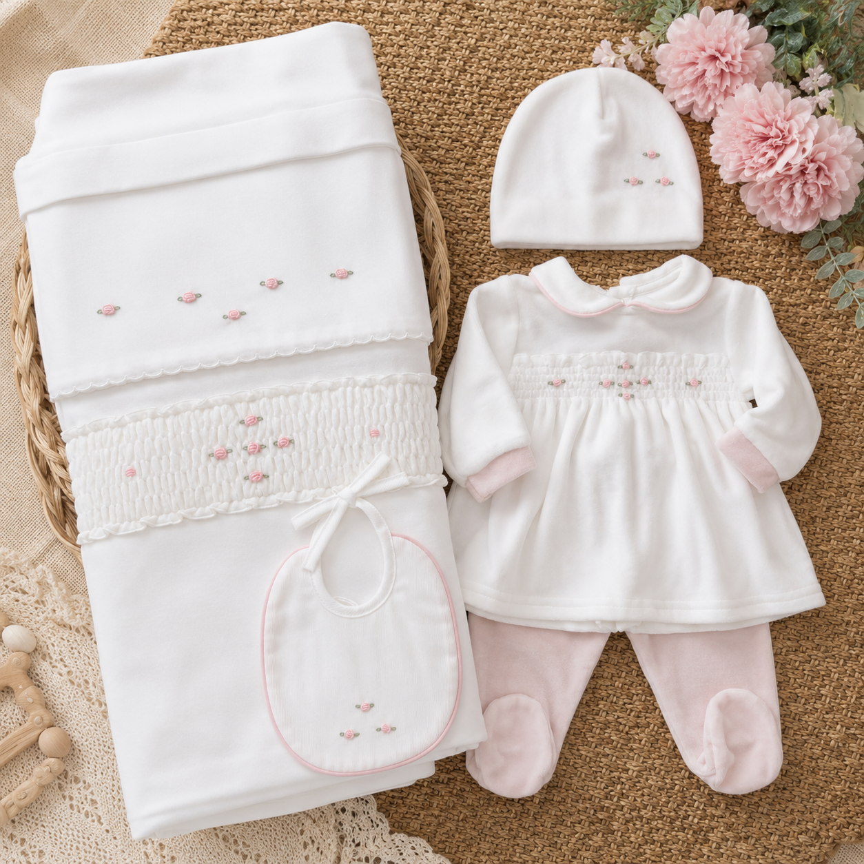 Completo nascita neonata ciniglia panna con roselline rosa 5Pz | AI | 9310 | TT