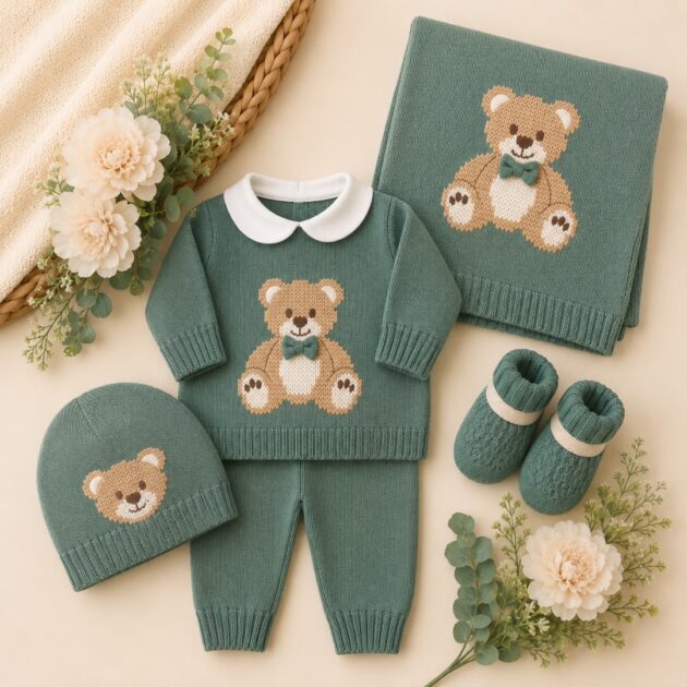 Set nascita neonato in pura lana con orsetto verde | AI | 4721.2 | PD