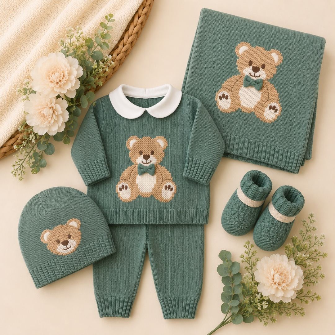 Set nascita neonato in pura lana con orsetto verde | AI | 4721.2 | PD